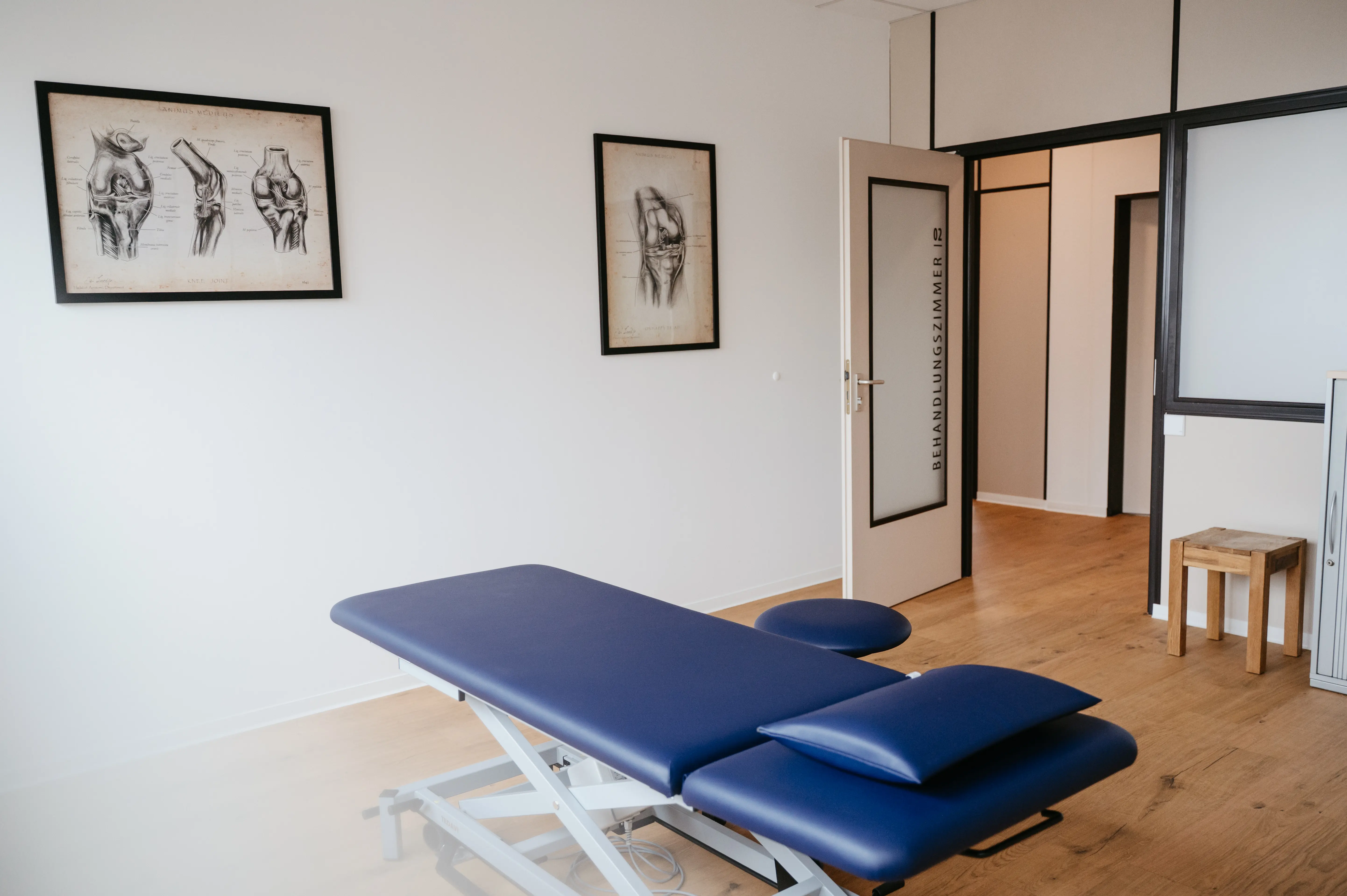 Behandlungsraum mit Therapieliege und Anatomiebildern an der Wand.